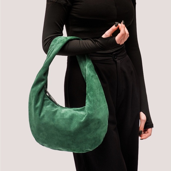 Tefia Ukraine Green Suede Hobo Bag | Handmade Leather Slouchy Shoulder - Picture 3 of 7